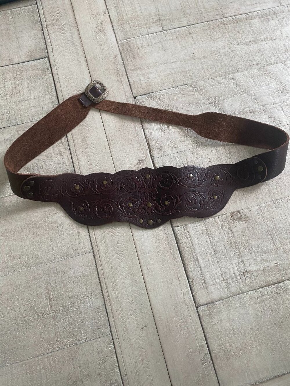 Brown Embossed Leather Wide Waist Belt Western Studded Boho XS